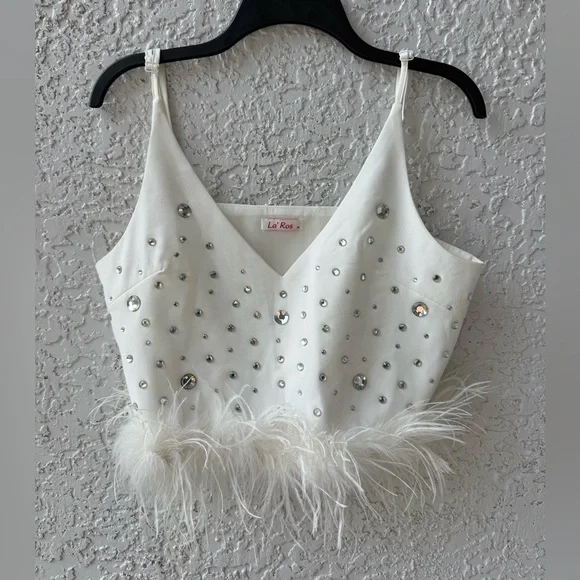 La’ Ros White V-neck Feather Crop Top with crystals Medium - Picture 11 of 13